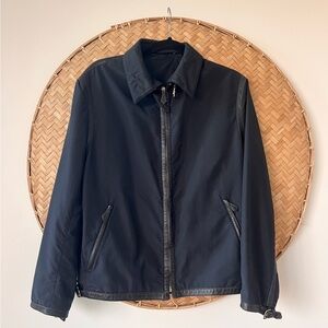 STYLISH CLASSIC UNISEX HERMES DARK‎ BLUE JACKET WITH BLACKLEATHER TRIM